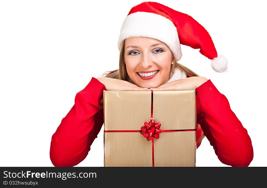 Woman in santa hat with christmas presents isolated on white background. Woman in santa hat with christmas presents isolated on white background