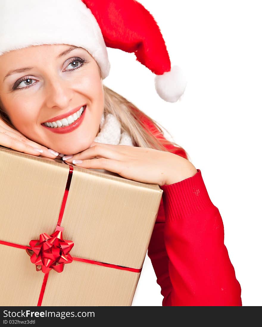 Woman in santa hat with christmas presents isolated on white background. Woman in santa hat with christmas presents isolated on white background