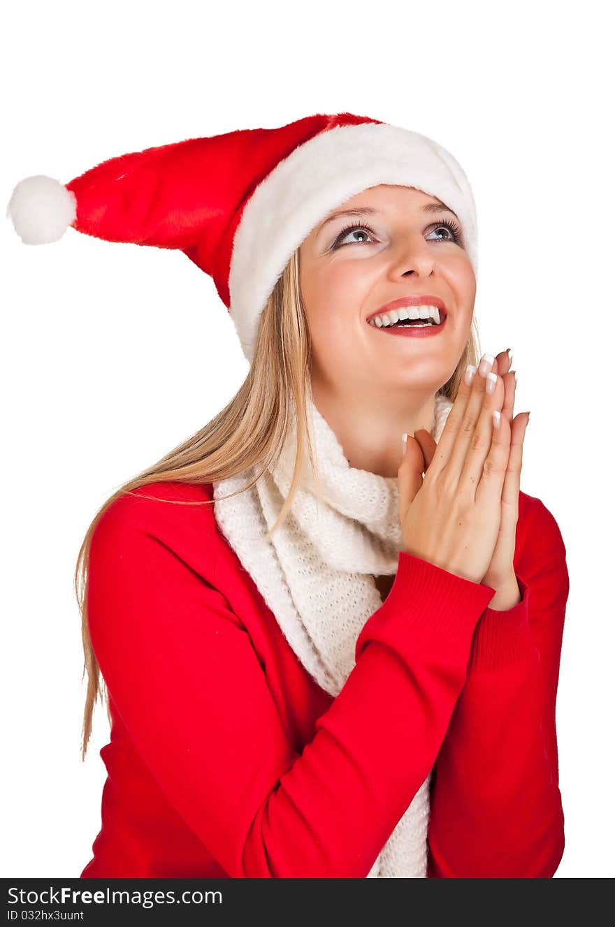 Woman in santa hat with christmas presents isolated on white background. Woman in santa hat with christmas presents isolated on white background