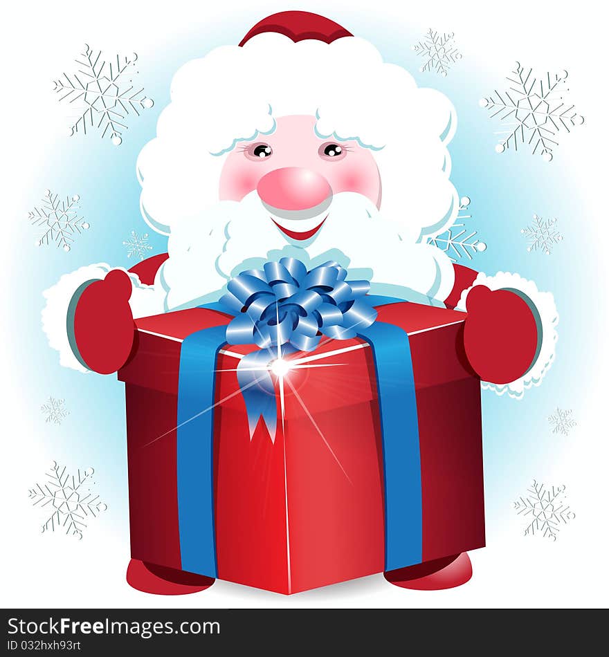 Illustration, merry santa claus with gift on white background