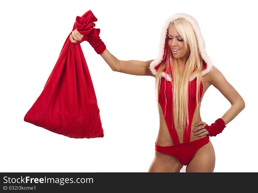 Woman In Santa Claus Suit With Gift Bag