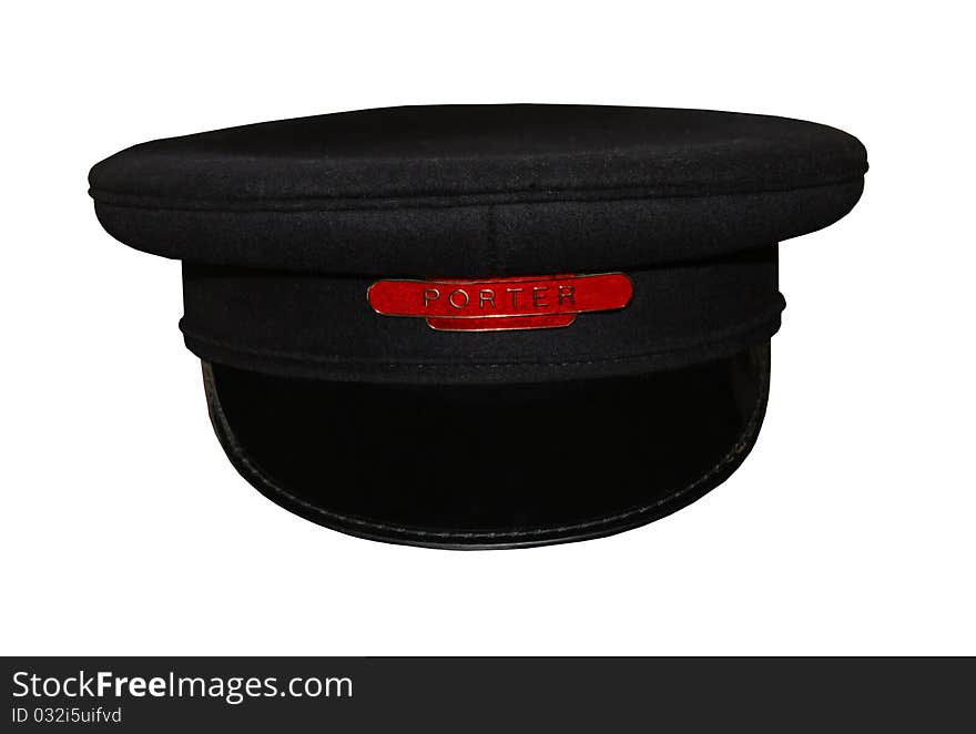 A Black Cloth Material Porters Cap with Red Badge. A Black Cloth Material Porters Cap with Red Badge.