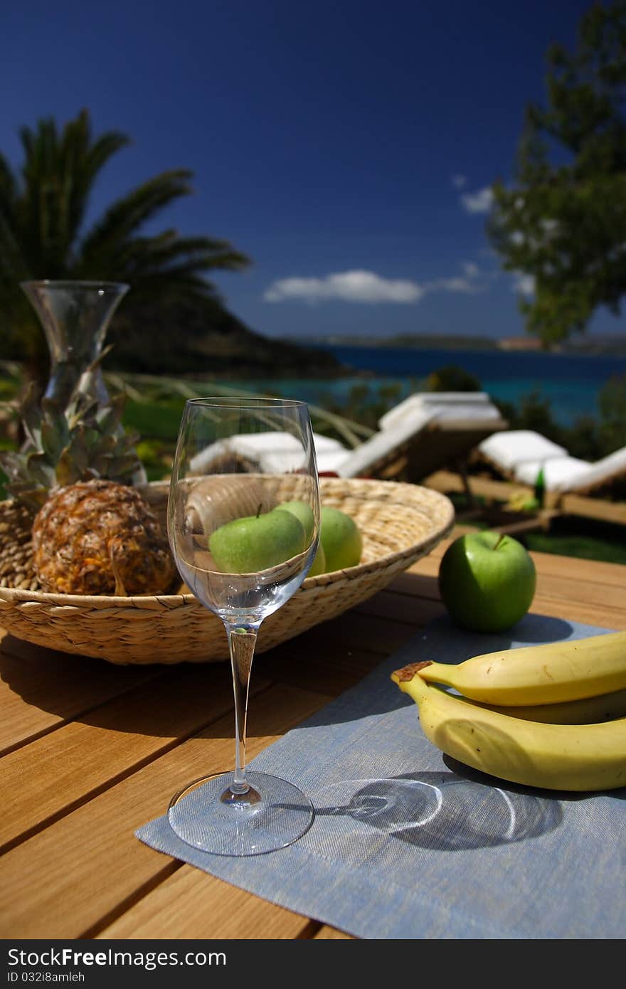 Breakfast with fruits on the open air during summer in the Ionian island of kefallonia.