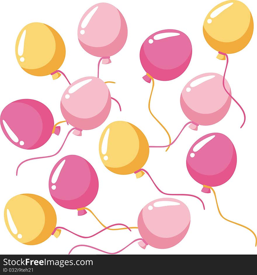 Many balloons fly up. Pink and Yellow