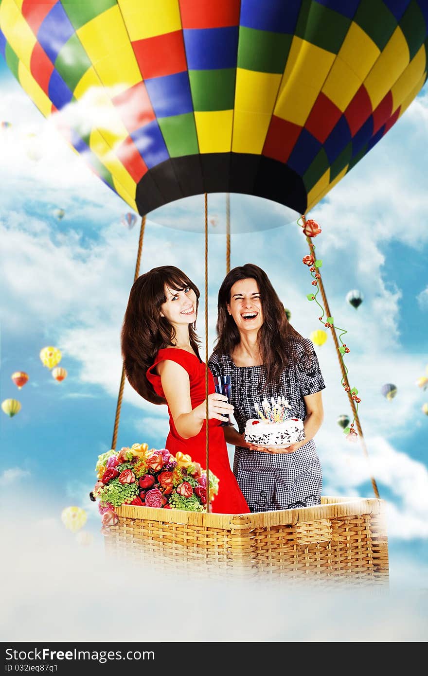 Beauty girls on air balloon in the sky