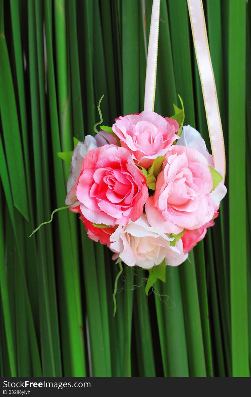 Pink Rose Bouquet On Green Background