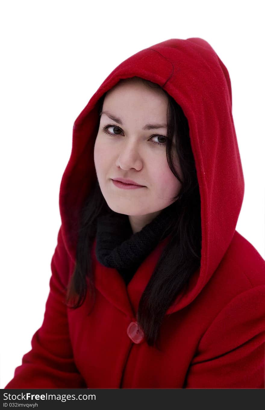 Girl in the red coat on a white background