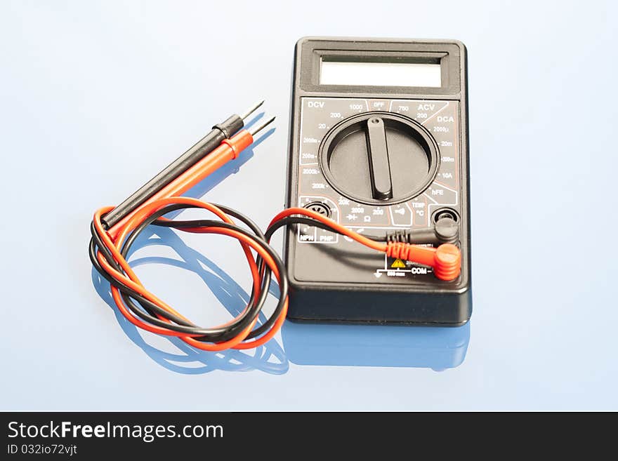 Electronic components on a blue background.