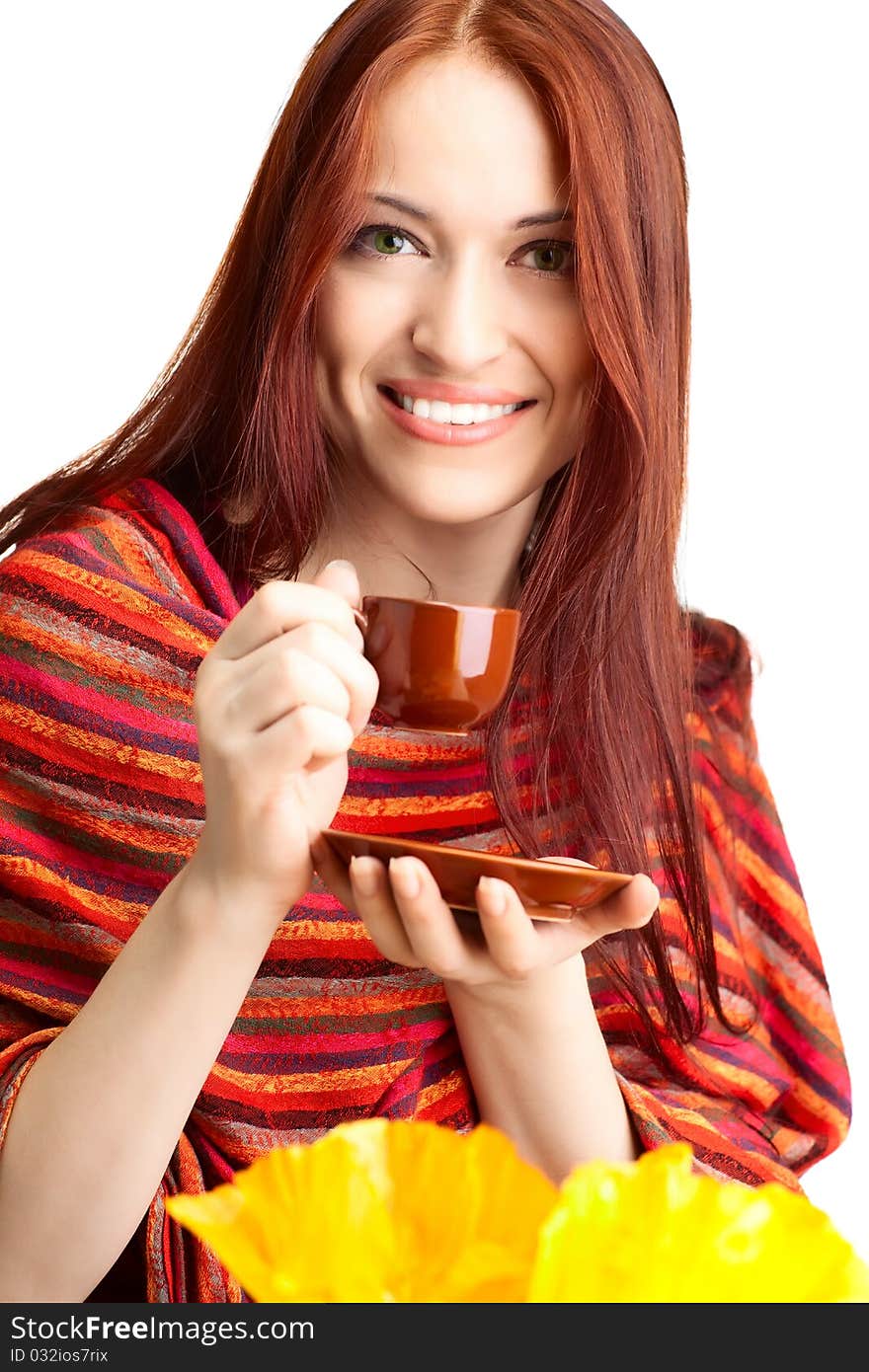 Beautiful woman in cafe over white background with fair hair. Beautiful woman in cafe over white background with fair hair