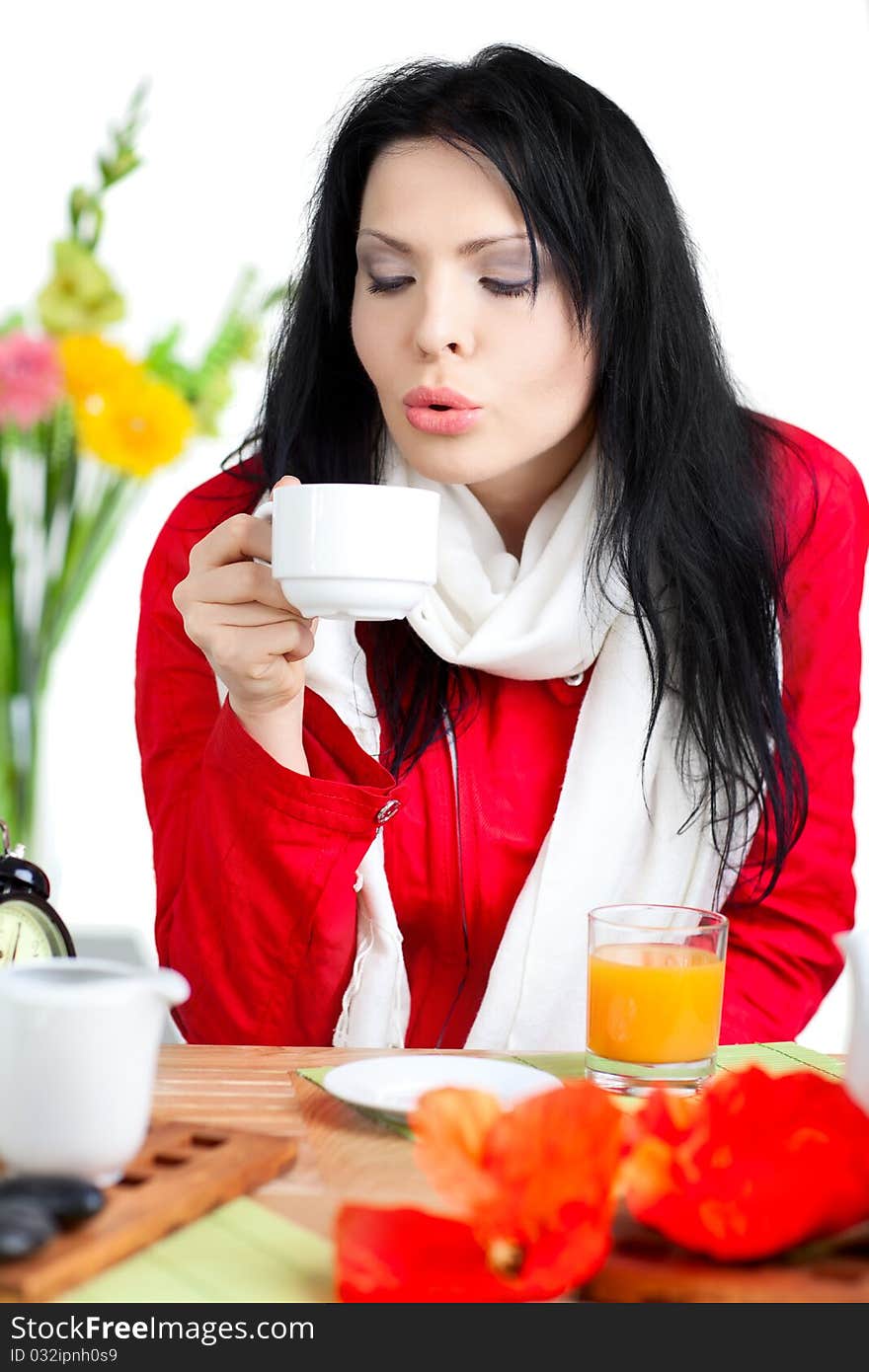 Beautiful woman  in cafe over white background