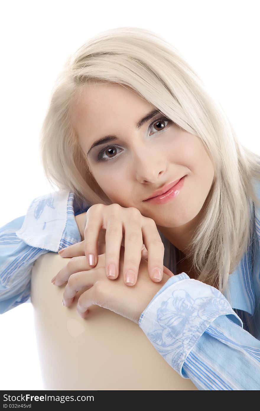 Fine portrait beautiful woman   over white background. Fine portrait beautiful woman   over white background