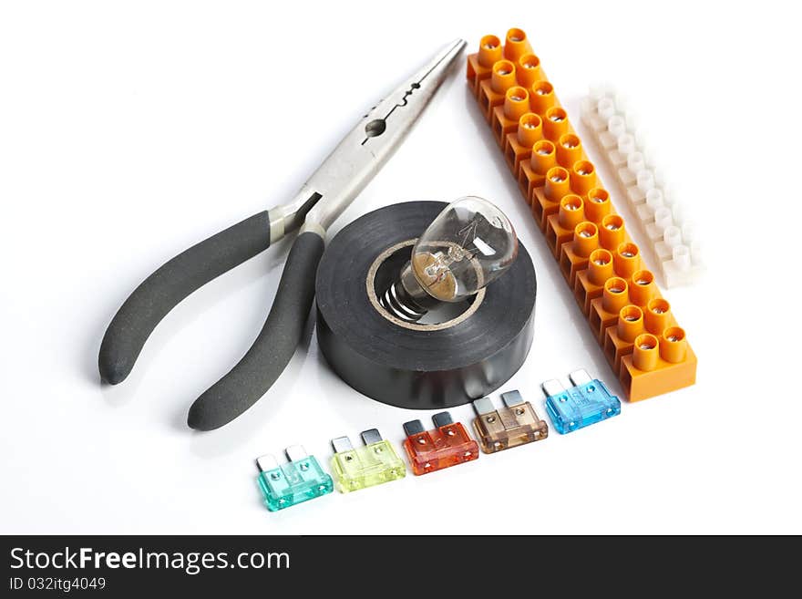 Electronic components on a white background.