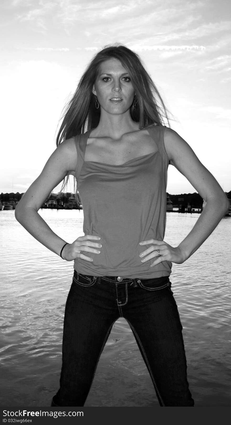 Black and White pretty lady by a lake. Black and White pretty lady by a lake