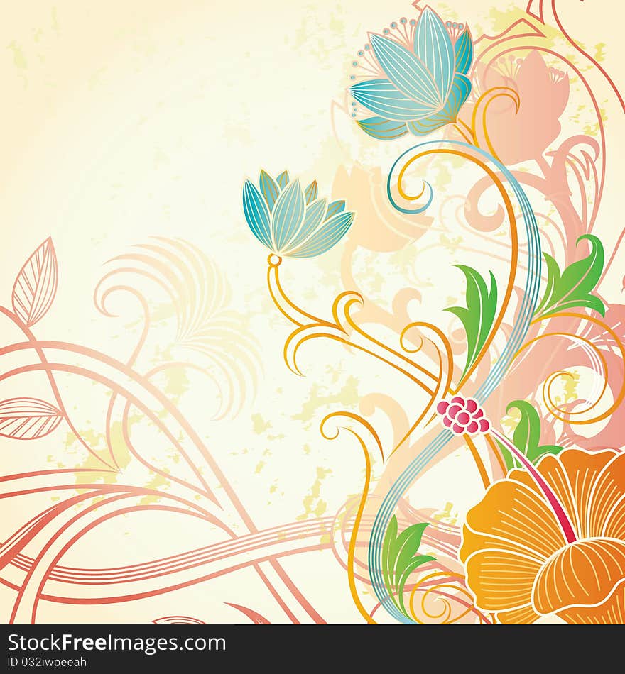 Abstract hibiscus and floral scrolls on grunge background.