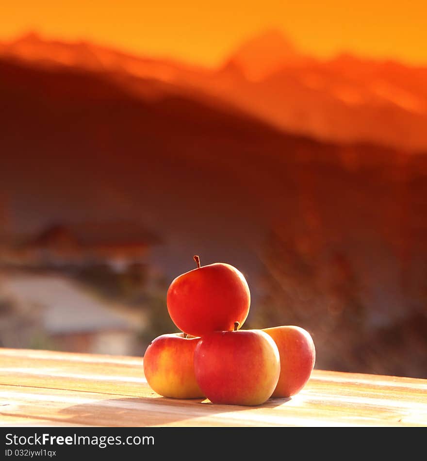 Fresh apples in sunrise light