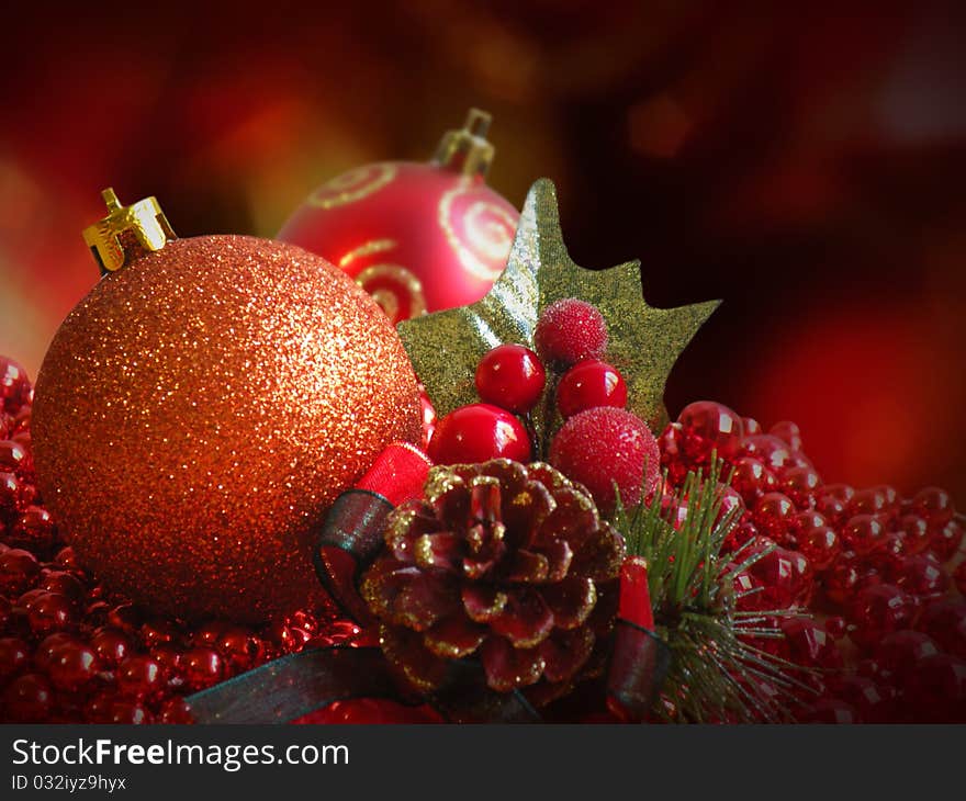 Christmas themed with holly, and decorated ornament. Christmas themed with holly, and decorated ornament.