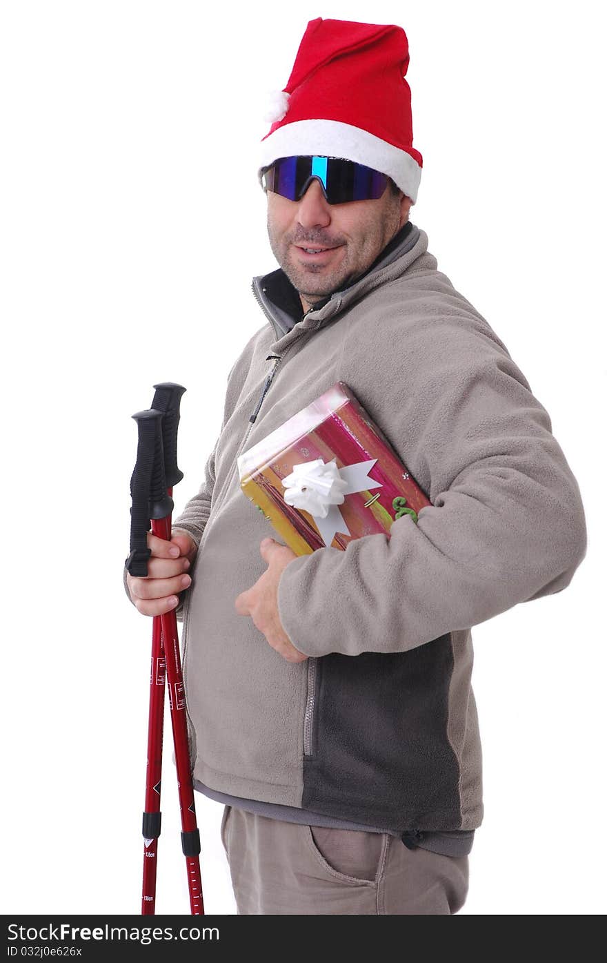 Hiker with a gift (studio shot isolated on white background)