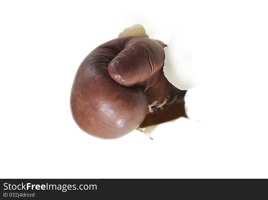 Old boxing glove on white background