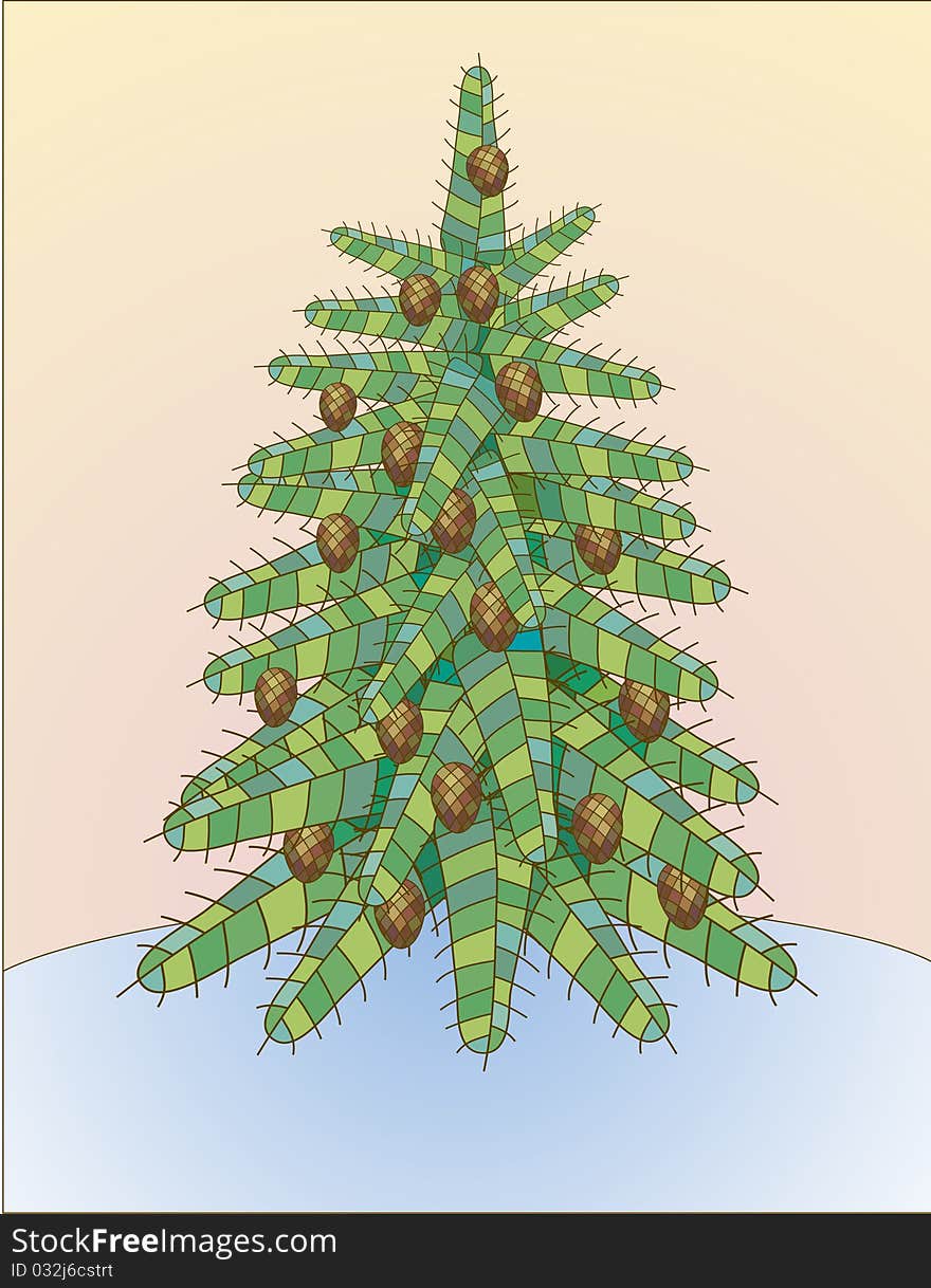 Vector image. A stylized image of a fluffy ornamental fir-tree with cones