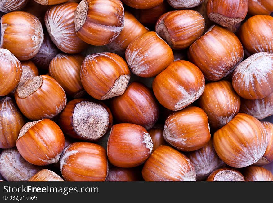 Selection of Hazelnuts forming a background close up