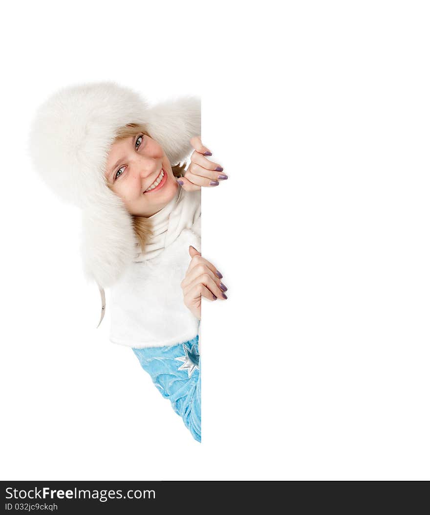 Christmas girl holding a banner. Isolated on white