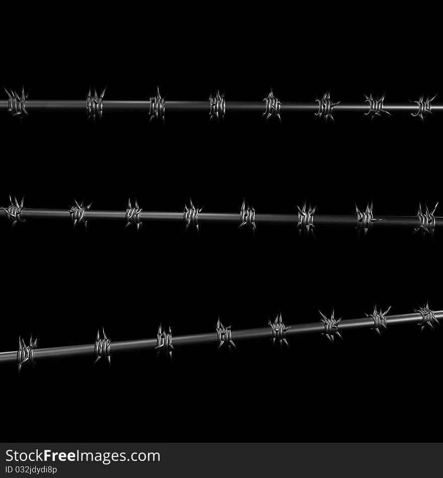 Black barbed wire stretched in several rows. 3d computer modeling