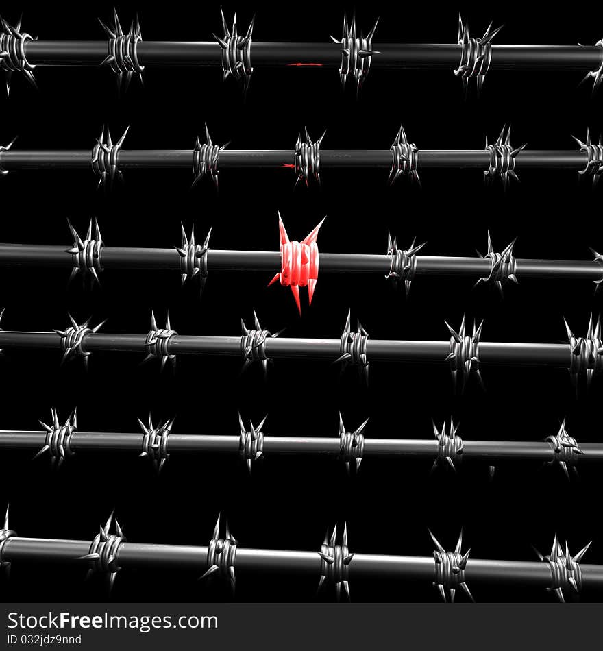 Barbed wire a few series, which has one of the prickly thorns in red. 3d computer modeling