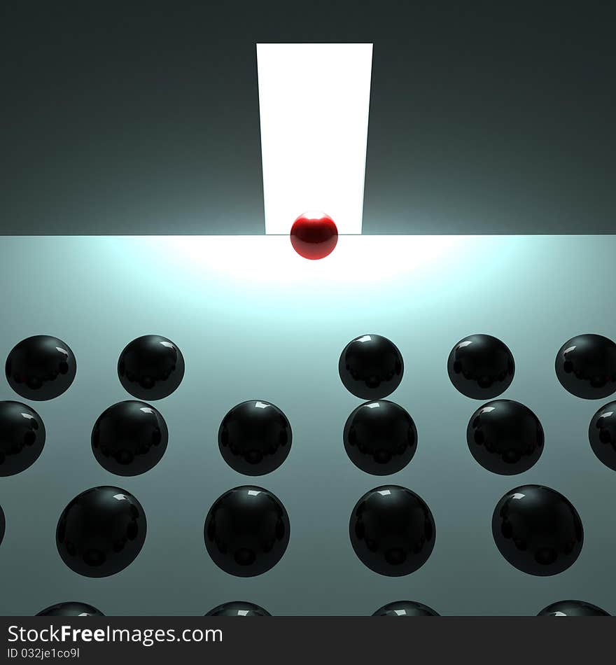 Large room in which one out and placed the black balls and one red light near the exit. 3d computer modeling