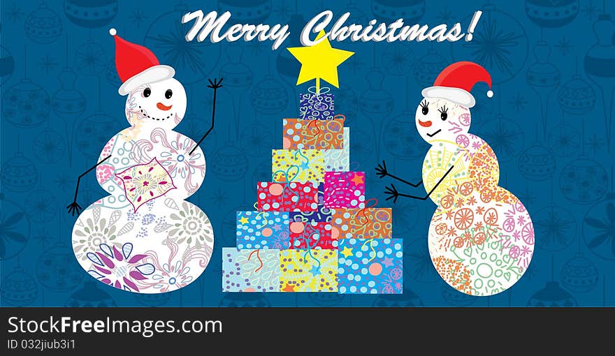 Christmas wallpaper with snowans and tree from gifts