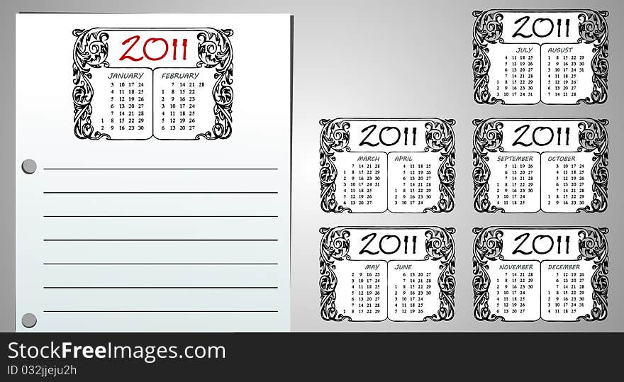 Illustration with calendar page for year 2011. Illustration with calendar page for year 2011