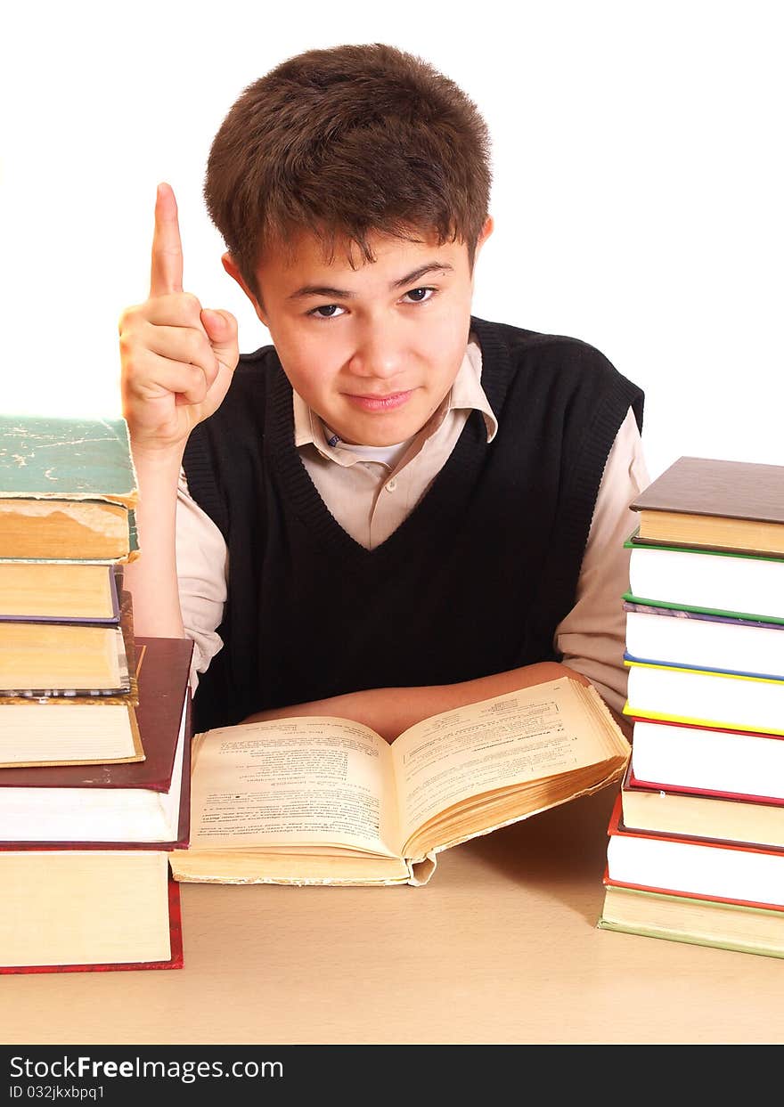 The boy with books in the library on a white background. The boy with books in the library on a white background