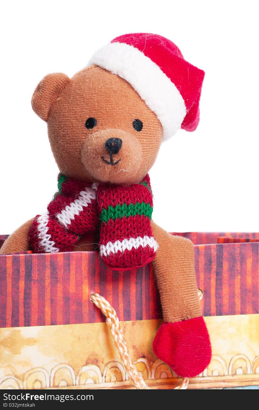 Teddy bear with santa`s hat sitting in a gift box isolated on the white