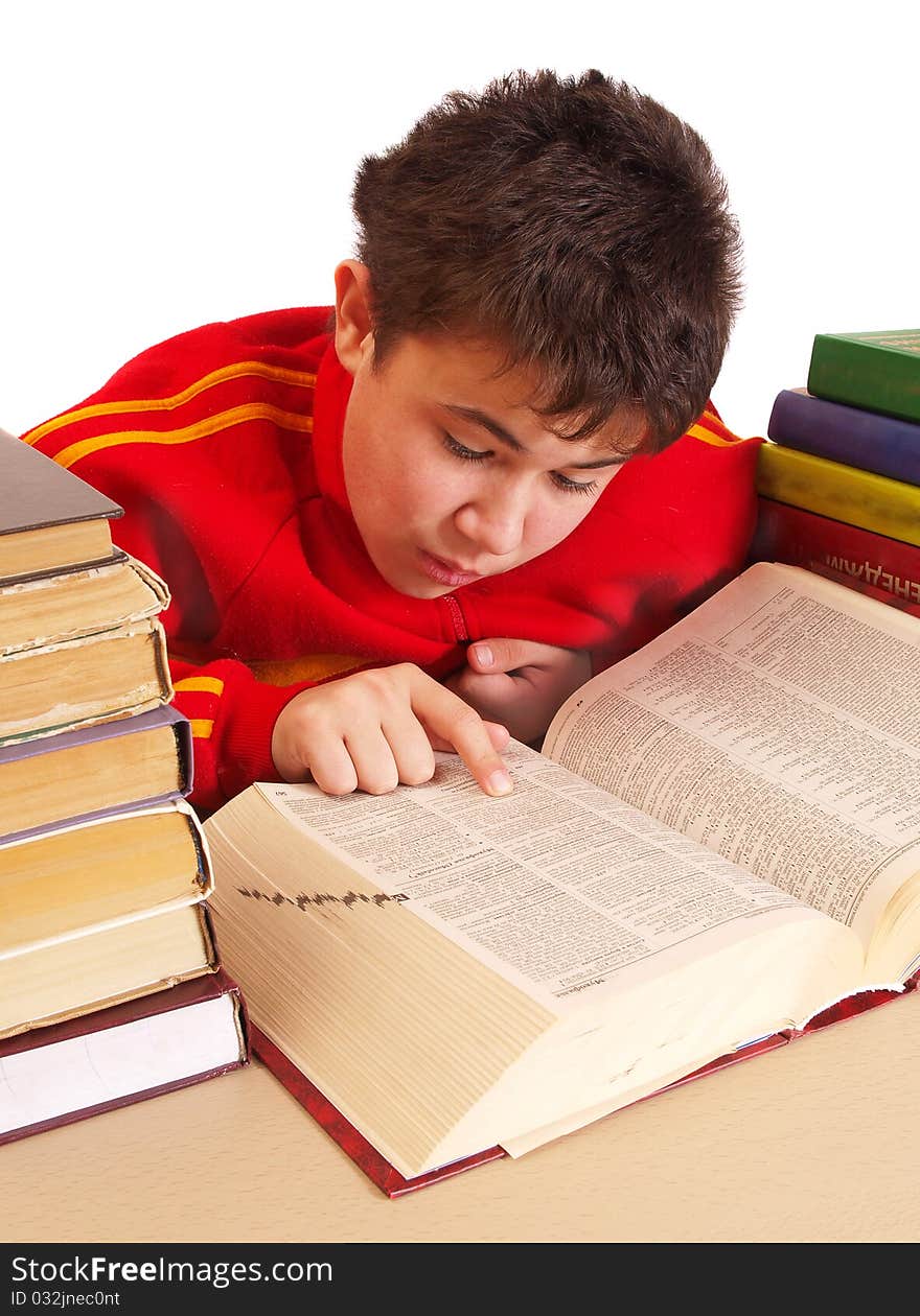 The boy with books in the library on a white background. The boy with books in the library on a white background