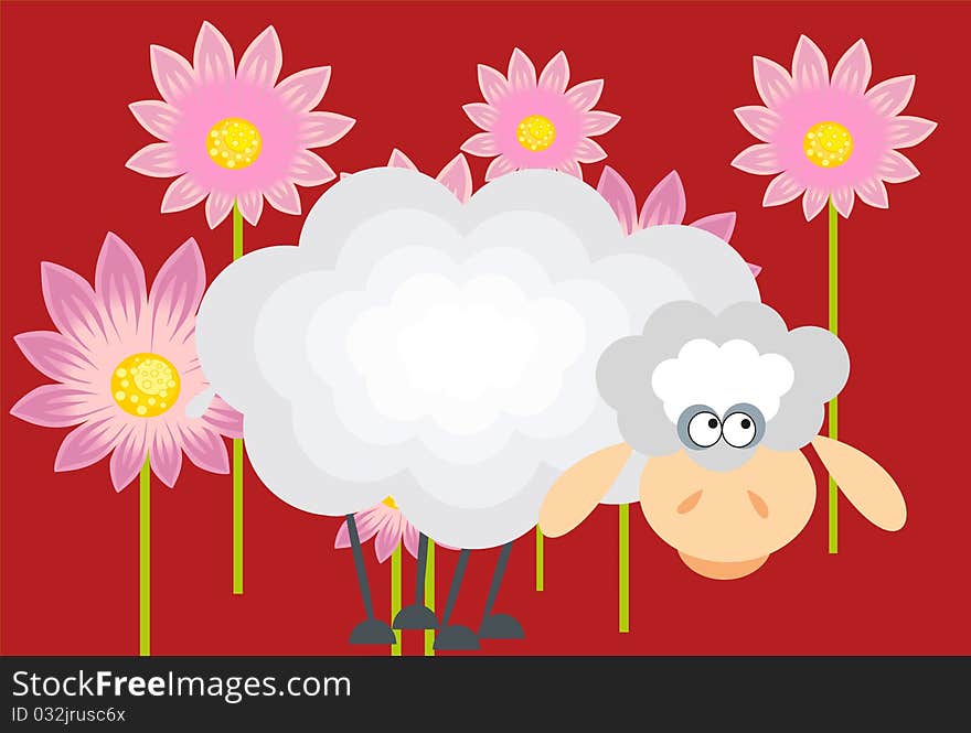 Sheep and flowers on red background