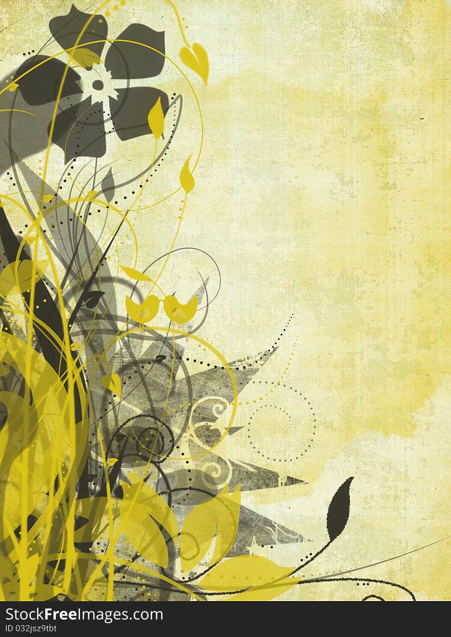 Yellow and gray floral swirling background, with two yellow love birds hidden in the vines. Yellow and gray floral swirling background, with two yellow love birds hidden in the vines.