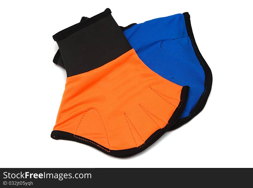 Orange and Blue Gloves for aerobics on white. aqua aerobics equipment