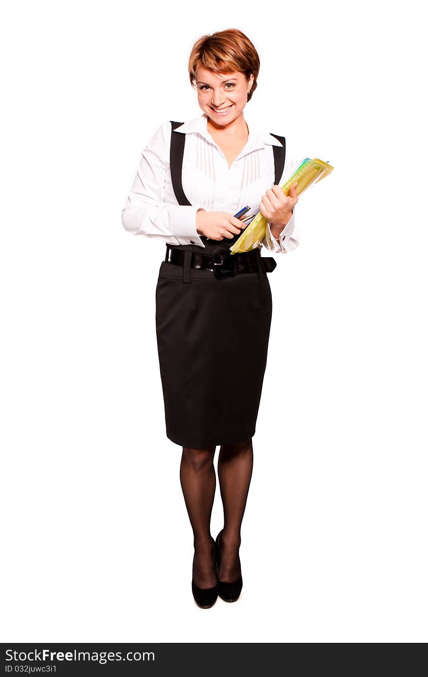 Beautiful business woman standing on white background