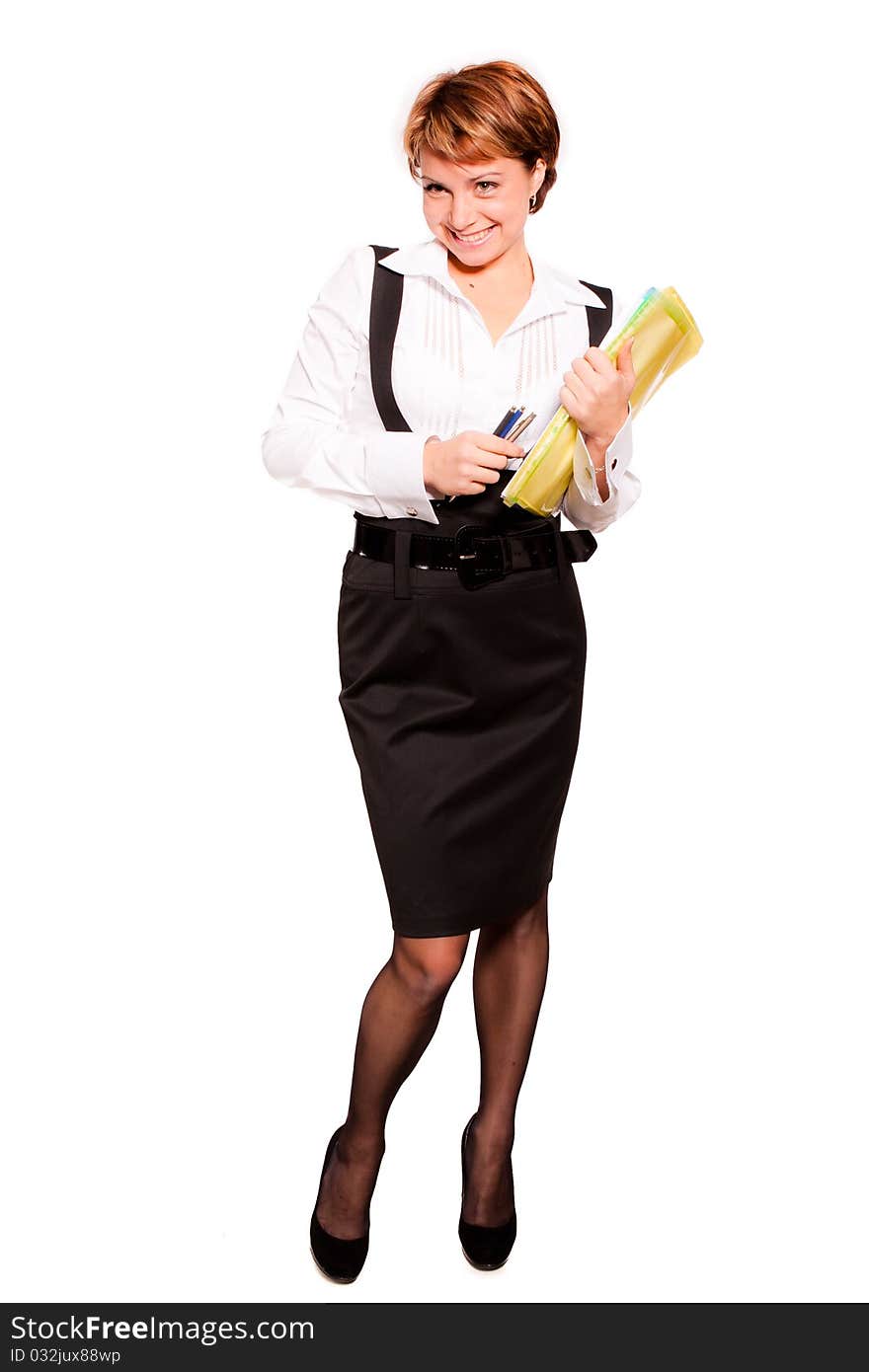 Beautiful business woman standing on white background