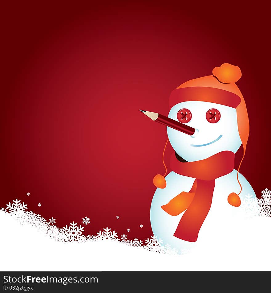 Illustration : snowman with wool hat, scarf, pencil and snowflake in foreground