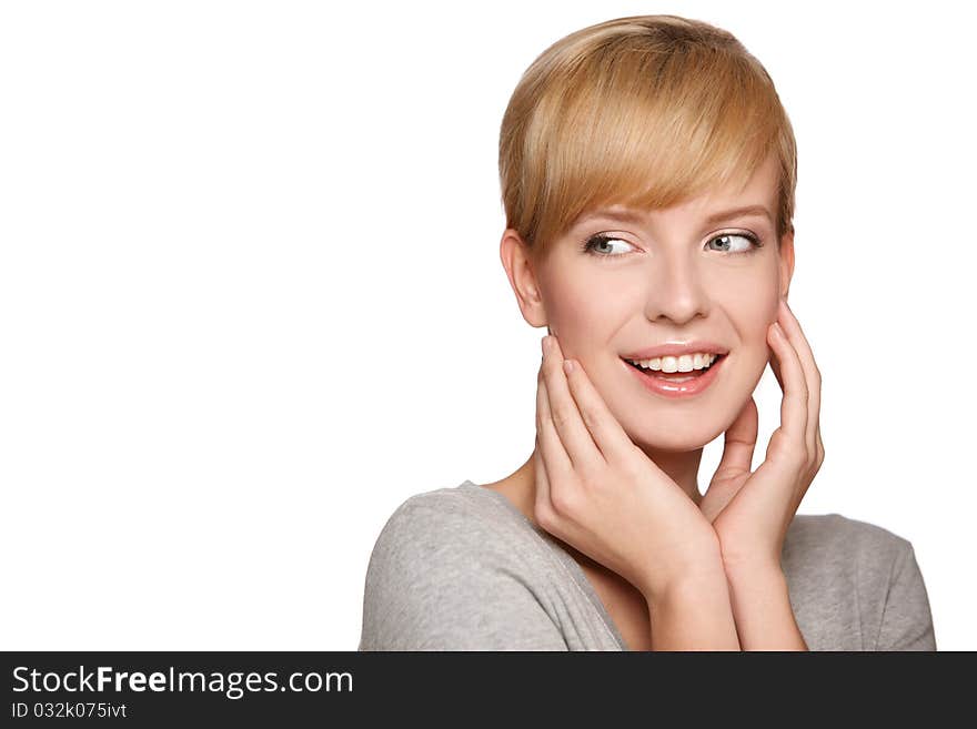 Portrait of a blond smiling woman looking at copyspace, isolated on white background. Portrait of a blond smiling woman looking at copyspace, isolated on white background