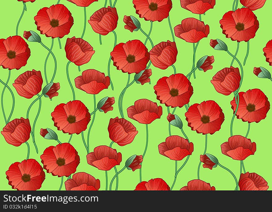 Seamless vector backround with red poppies over light green. Seamless vector backround with red poppies over light green.