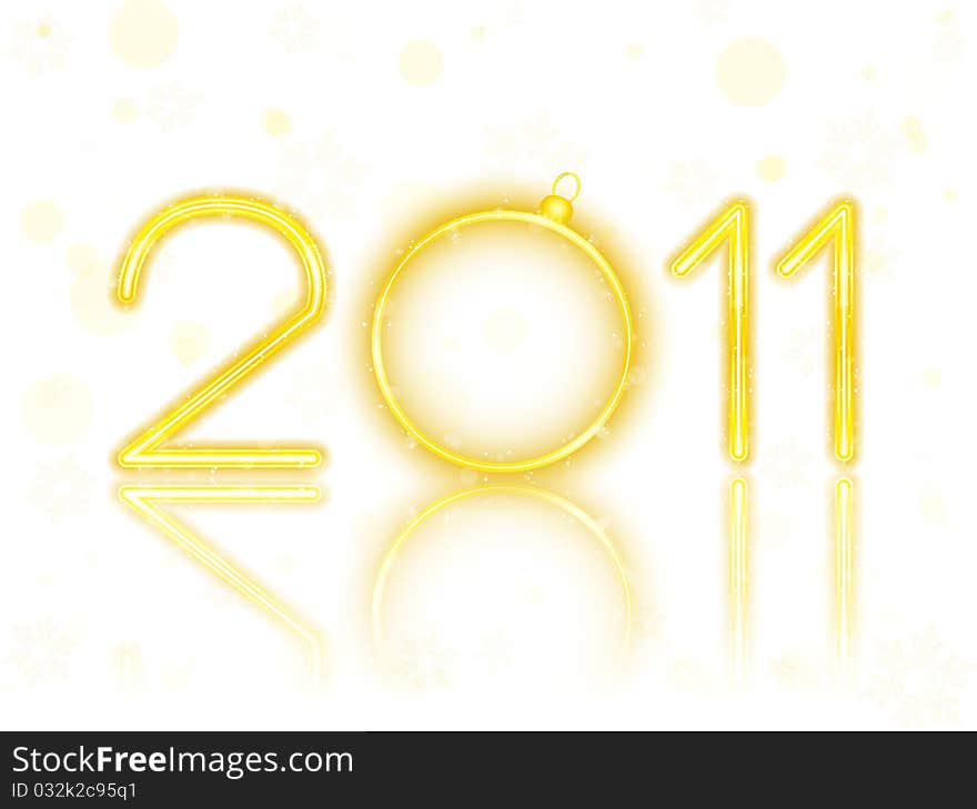 2011 Golden Neon with Christmas Ball on White Background