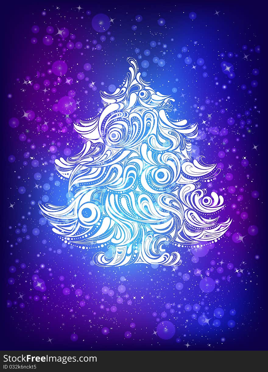 Blue background with white christmas tree - stylized. Blue background with white christmas tree - stylized