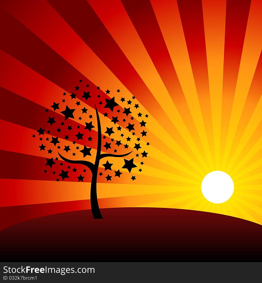 Abstract illustration of a tree made of stars against a dreamy sunset background. Abstract illustration of a tree made of stars against a dreamy sunset background