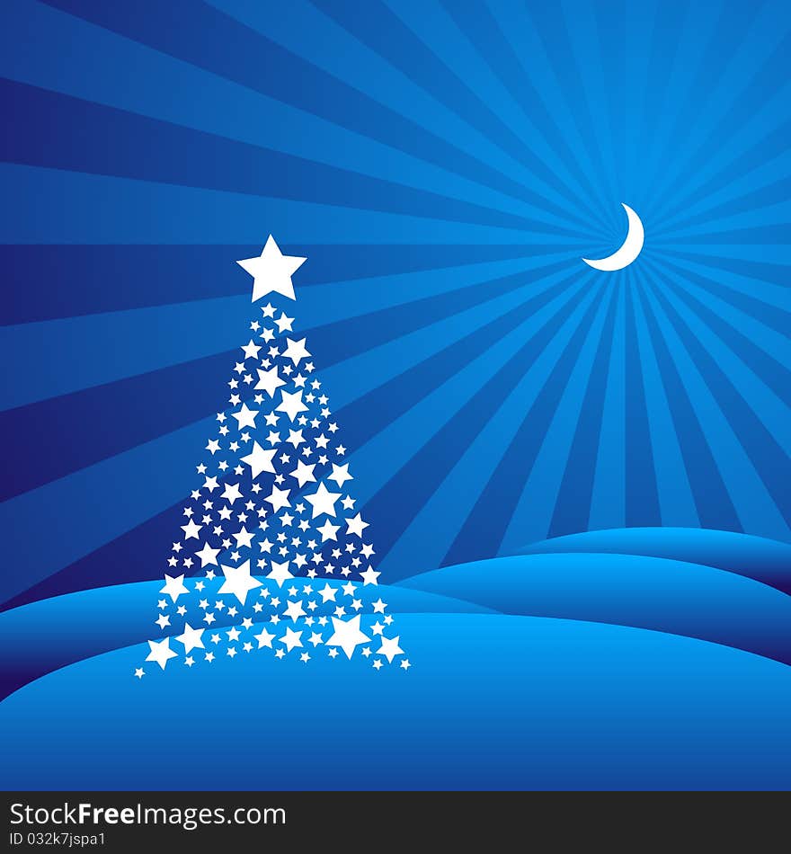 Abstract illustration of a tree made of stars against a dreamy blue backdrop. Abstract illustration of a tree made of stars against a dreamy blue backdrop