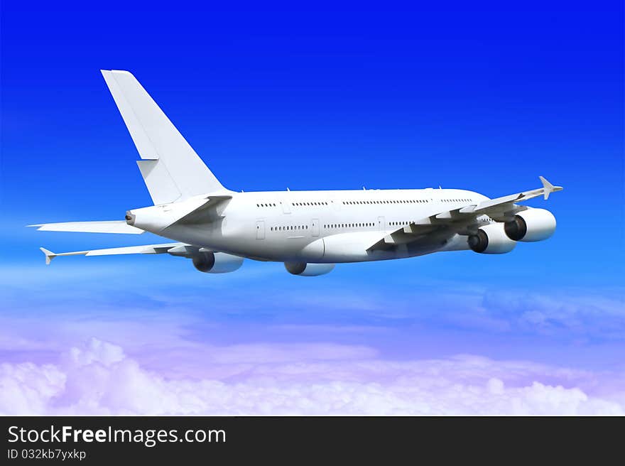 Big passenger airplane in the blue sky landing away. Big passenger airplane in the blue sky landing away