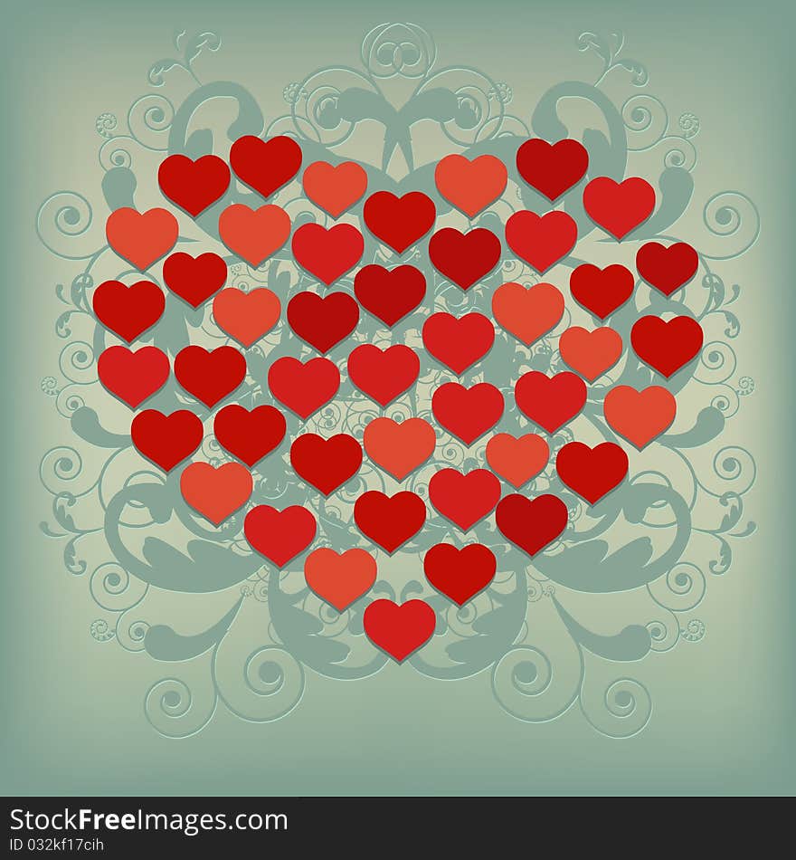 Abstract Heart From Hearts, Isolated On Green Background. Abstract Heart From Hearts, Isolated On Green Background