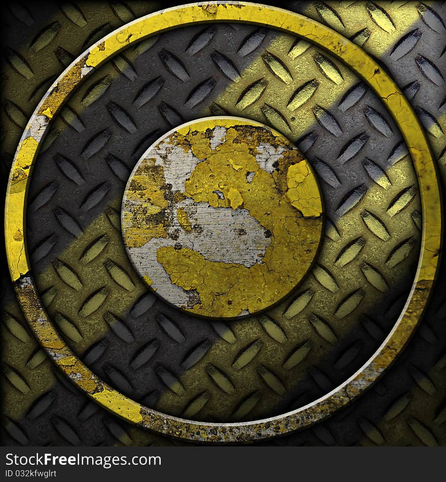 Grunge construction background with a  diamond metal plate and a circular cement shape.