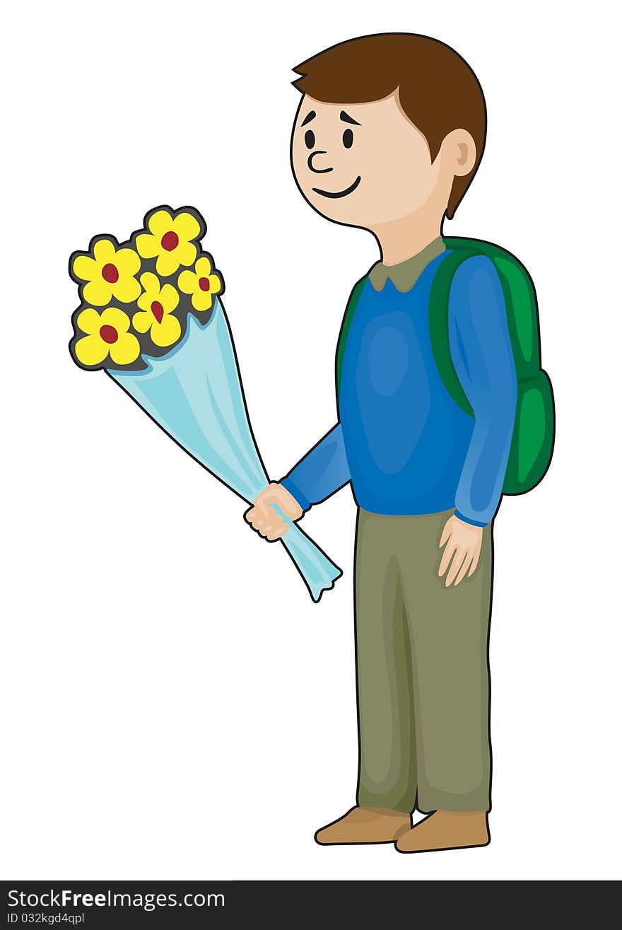 Schoolboy with a bouquet of flowers goes to school on september. Schoolboy with a bouquet of flowers goes to school on september