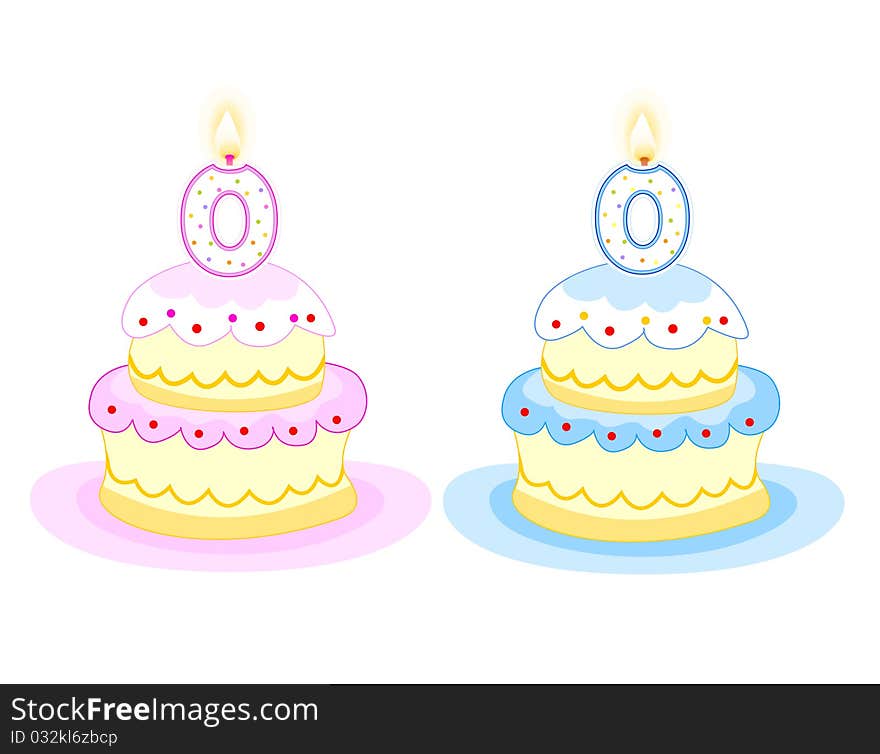 Pink and blue birthday cakes with number zero birthday candle. isolated on white background